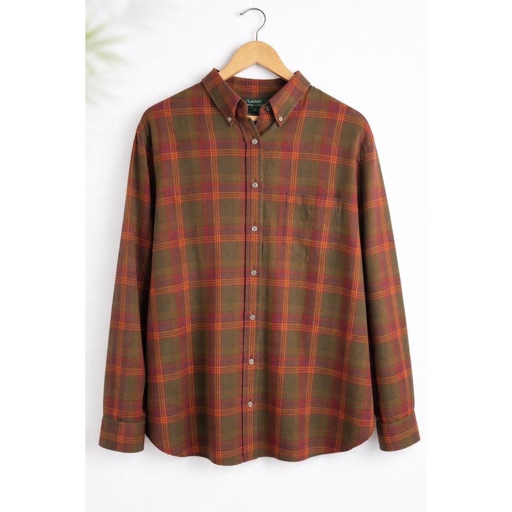 Lauren Ralph Lauren Women's 2X Burgundy Green Plaid Flannel Button-Up Shirt